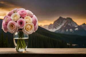 a vase of pink roses on a table with mountains in the background. AI-Generated photo