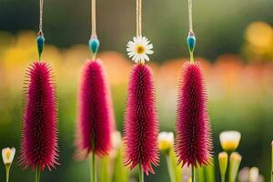 four pink flowers hanging from strings in a field. AI-Generated photo