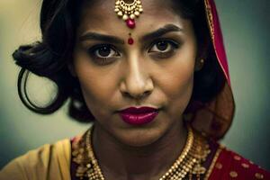 un mujer vistiendo tradicional indio ropa y joyas. generado por ai foto