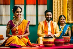 a bride and groom in traditional indian attire. AI-Generated photo