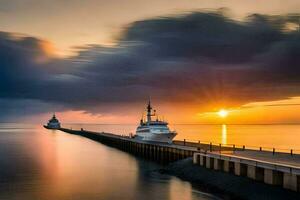 a boat is docked at the end of a pier at sunset. AI-Generated photo