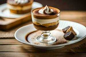 a dessert with chocolate and whipped cream on a plate. AI-Generated photo