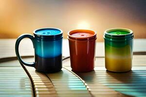 three colorful cups sit on a wooden table. AI-Generated photo