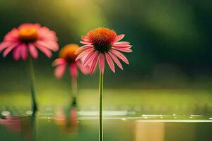 three pink flowers in the water with a green background. AI-Generated photo