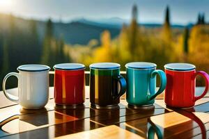 five colorful coffee mugs on a table. AI-Generated photo