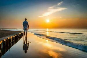 un hombre caminando en un playa a puesta de sol. generado por ai foto