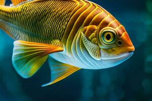 un pescado con amarillo y blanco rayas. generado por ai foto