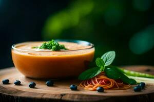 a bowl of soup with vegetables and herbs on a wooden table. AI-Generated photo