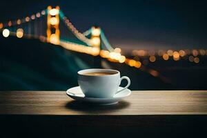 un taza de café en un mesa en frente de el dorado portón puente. generado por ai foto