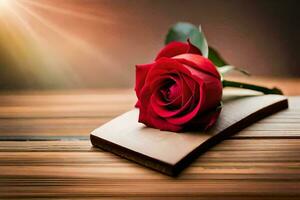 a single red rose is sitting on top of a wooden block. AI-Generated photo