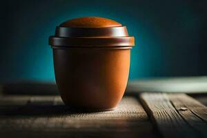 a brown cup sitting on a wooden table. AI-Generated photo