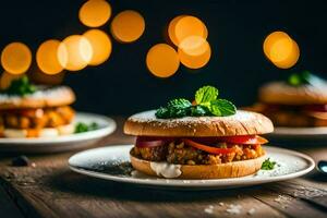 dos hamburguesas con vegetales y menta en un lámina. generado por ai foto