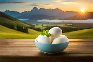 eggs in a bowl on a table in the mountains. AI-Generated photo