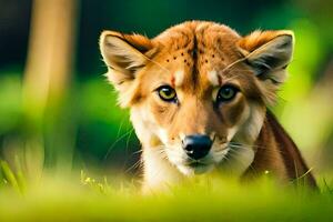 a close up of a lion in the grass. AI-Generated photo