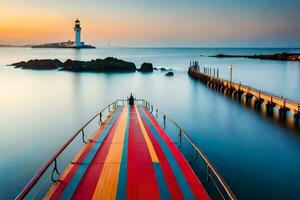 a long pier with a lighthouse in the background. AI-Generated photo