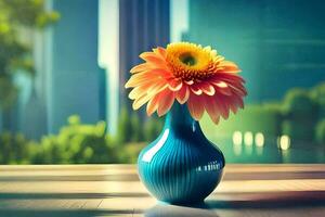 a blue vase with a yellow flower sitting on a table. AI-Generated photo