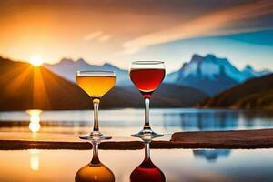 two glasses of wine are sitting on the edge of a lake with mountains in the background. AI-Generated photo