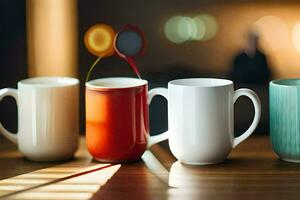 cinco diferente de colores café tazas forrado arriba en un mesa. generado por ai foto