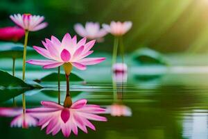 loto flor en el agua con Dom brillante a través de. generado por ai foto