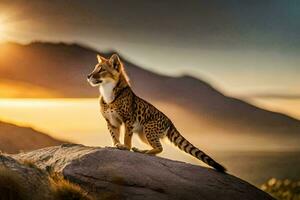 a leopard is standing on a rock in front of the sun. AI-Generated photo