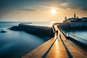 a man walking along a pier at sunset. AI-Generated photo