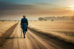 a man in a blue suit walks down a dirt road. AI-Generated photo