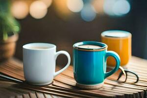 two coffee cups on a wooden table. AI-Generated photo