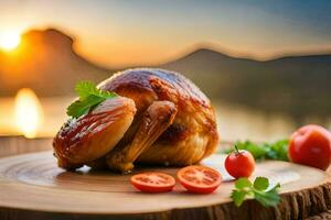 a chicken on a wooden board with tomatoes and herbs. AI-Generated photo