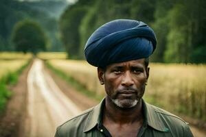 a man wearing a turban on a dirt road. AI-Generated photo