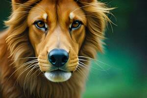 a close up of a lion's face with a green background. AI-Generated photo