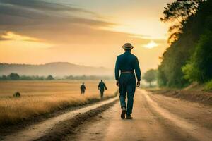 a man walking down a dirt road at sunset. AI-Generated photo