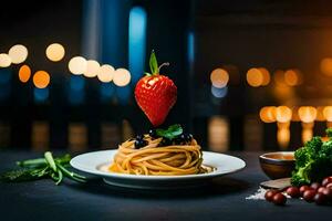 a plate of pasta with a strawberry on top. AI-Generated photo