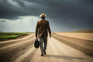 a man in a hat and suit walking down a dirt road. AI-Generated photo