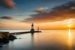 a lighthouse stands on the shore of the ocean at sunset. AI-Generated photo