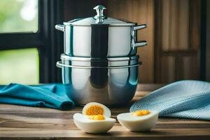 a stainless steel pot with two eggs and a knife. AI-Generated photo