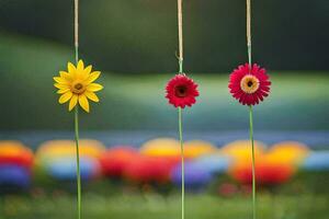 cuatro vistoso flores colgando desde instrumentos de cuerda en un campo. generado por ai foto