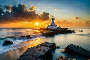 un faro se sienta en el rocas a puesta de sol. generado por ai foto