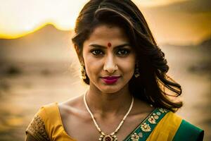 un hermosa joven mujer en un amarillo sari. generado por ai foto