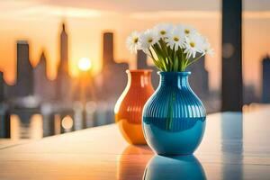 two vases with flowers on a table in front of a city skyline. AI-Generated photo