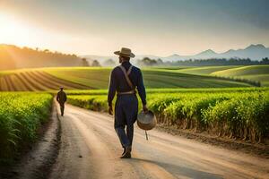 a man walking down a dirt road with a hat and a cane. AI-Generated photo