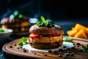 a hamburger with fruit and mint on a wooden board. AI-Generated photo