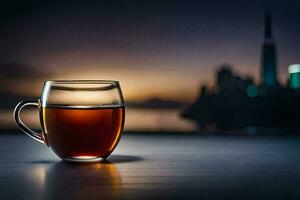 a glass cup of tea sits on a table in front of a city skyline. AI-Generated photo