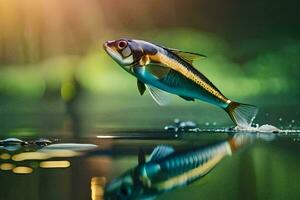 un pescado es saltando fuera de el agua. generado por ai foto