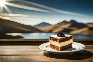 a piece of cake on a plate with mountains in the background. AI-Generated photo