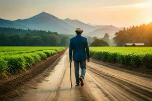 a man in a suit walks down a dirt road in front of a field. AI-Generated photo