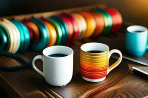 two coffee cups sit on a table next to a stack of colorful plates. AI-Generated photo