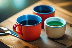 two colorful coffee cups sit on a wooden table. AI-Generated photo