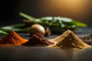 various spices and spices on a black background. AI-Generated photo