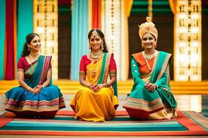 three women in colorful saris sitting on a rug. AI-Generated photo