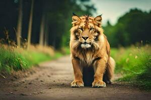 un león es caminando abajo un suciedad la carretera. generado por ai foto